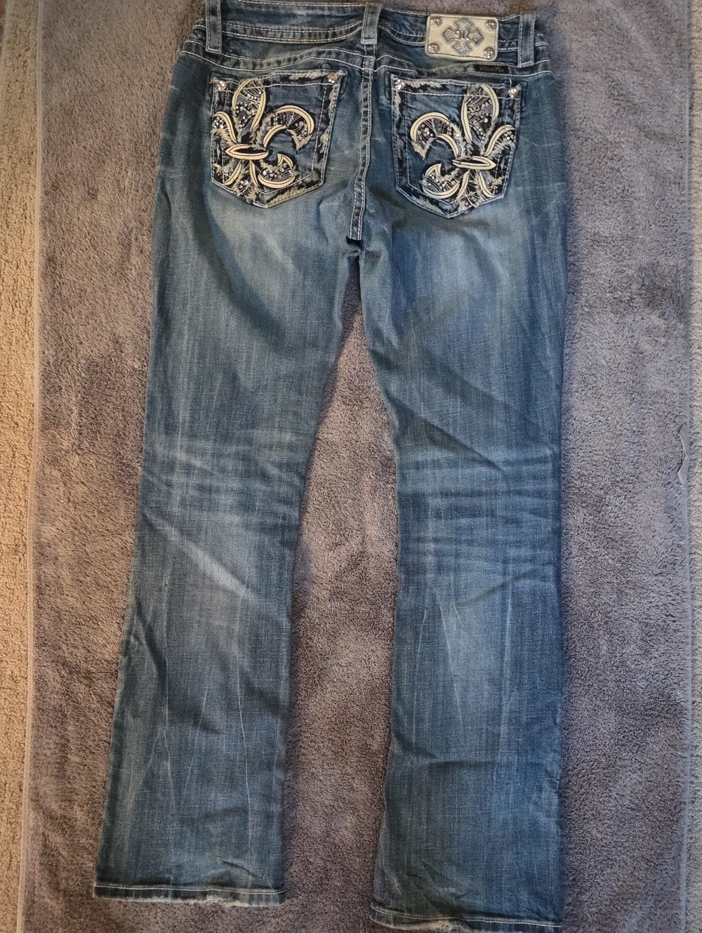 Miss Me Blue Bootcut Jeans with Embroidered Fleur-de-Lis Pockets